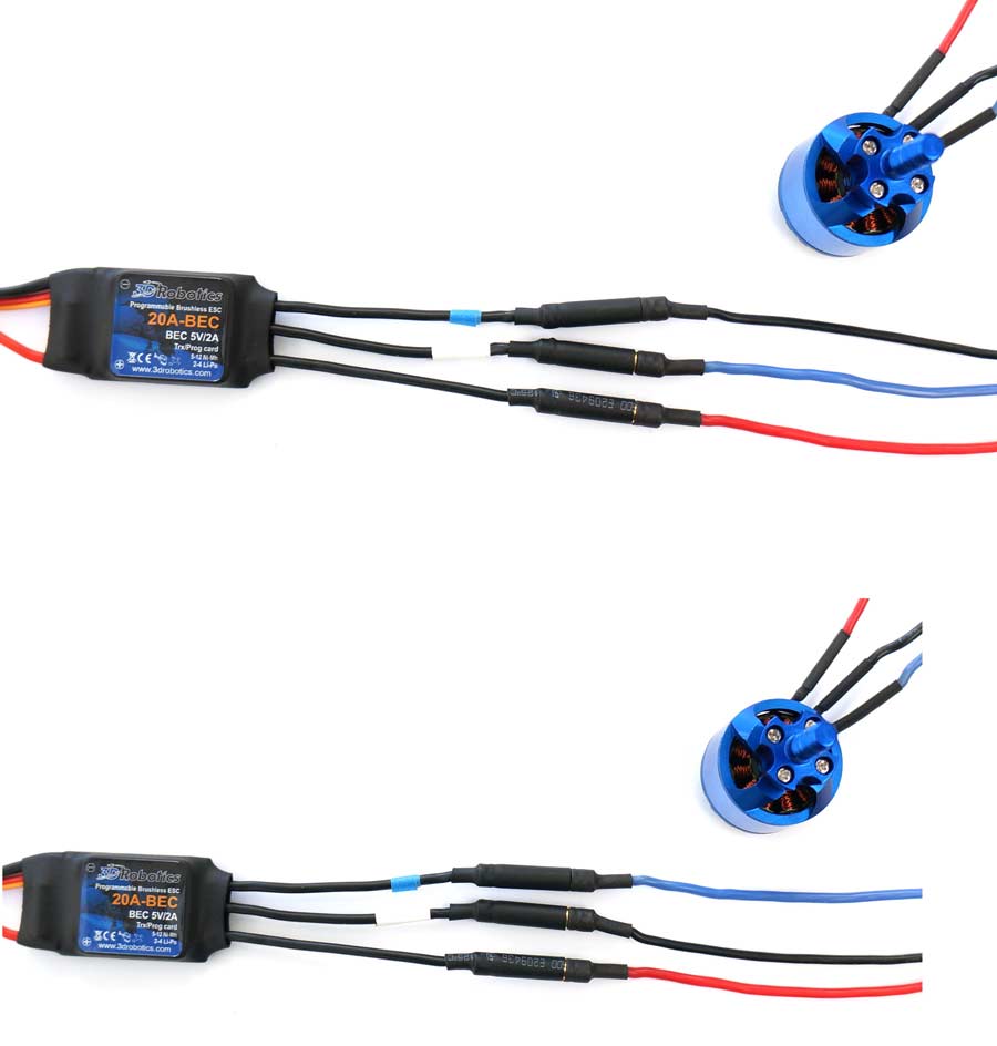 Switch two cables to reverse motor spin direction.